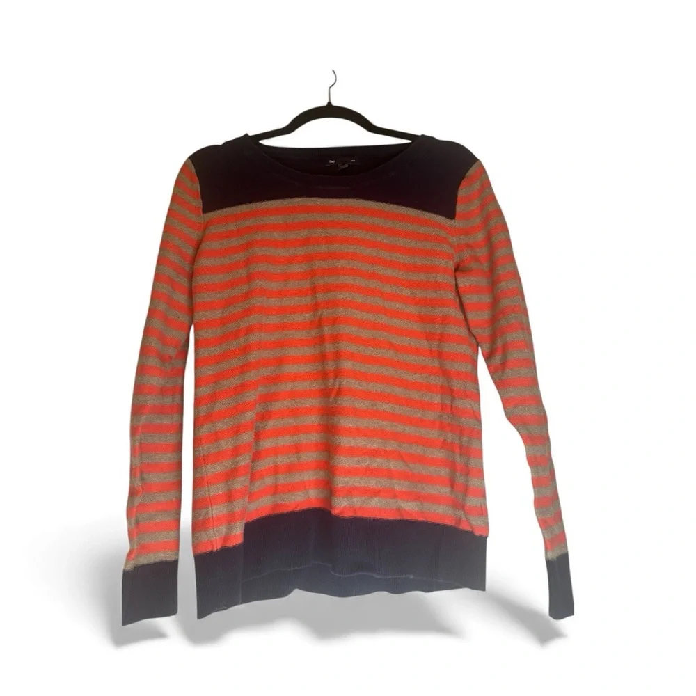 Gap Women’s Striped Knit Sweater Navy and Orange  lightweight Crewneck size L - Picture 2 of 4
